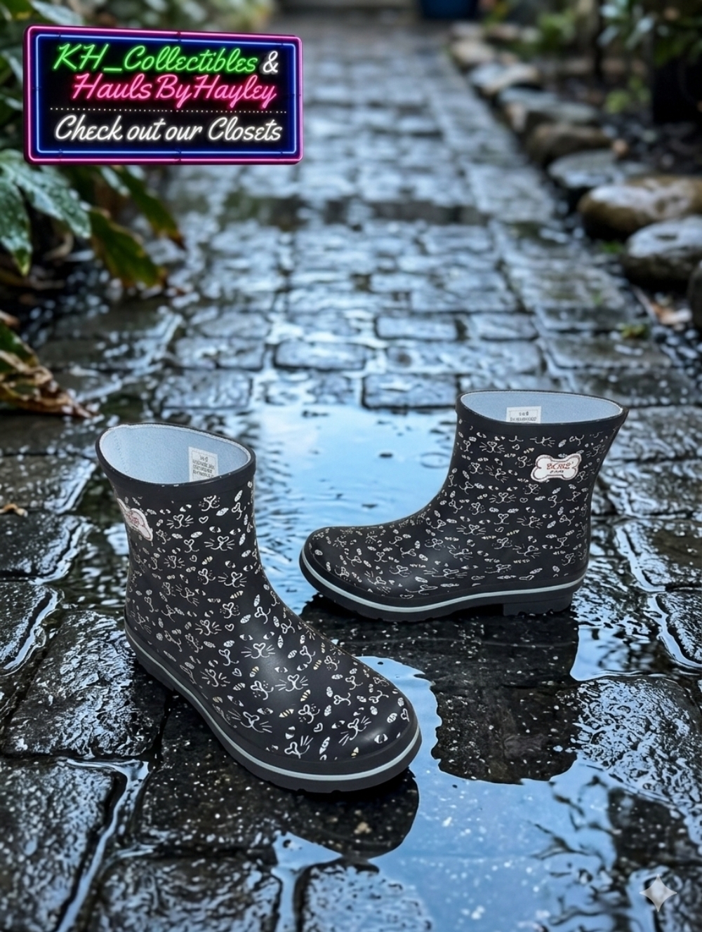 Skechers BOBS Rain Check Puddle Paw Cat Print Waterproof Rubber Rain Boots 6